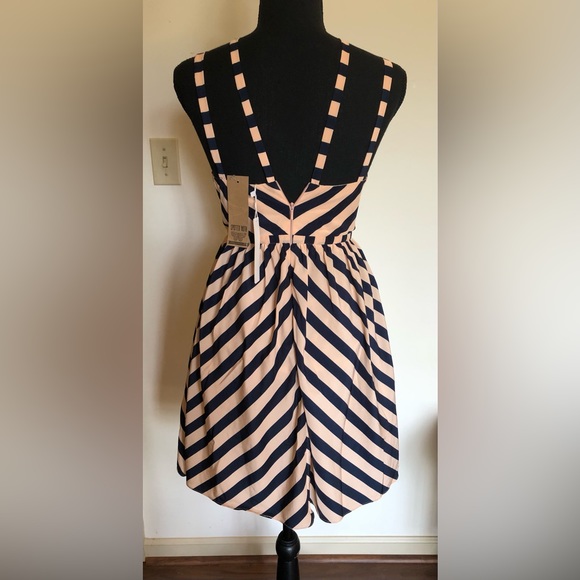 NWT;Sleeveless Dress; 4 Shoulder Straps;Midnight Blue & Rose Beige Line Patterns - Picture 4 of 12